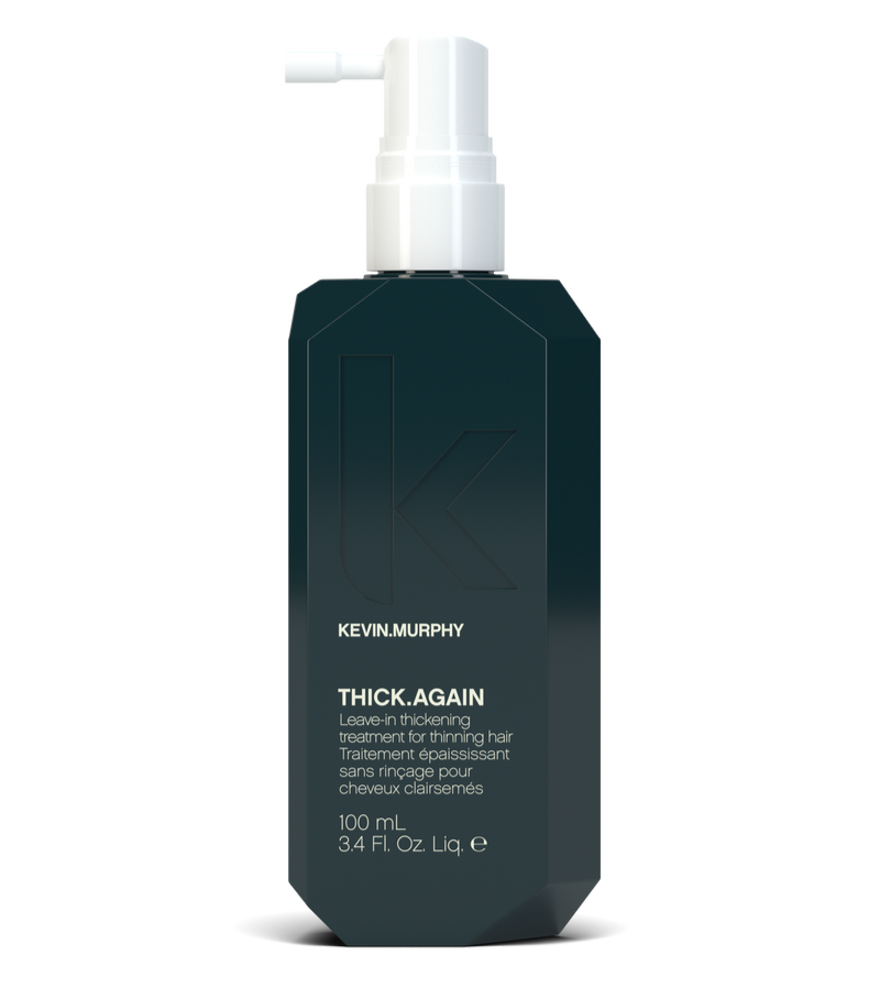 Bottle of KEVIN.MURPHY THICK.AGAIN strengthening spray, formulated with Citrus Flavonoids, Ginger Root, Nettle, and Parsley extracts to fortify thinning hair, reduce breakage, and promote fuller, healthier strands.